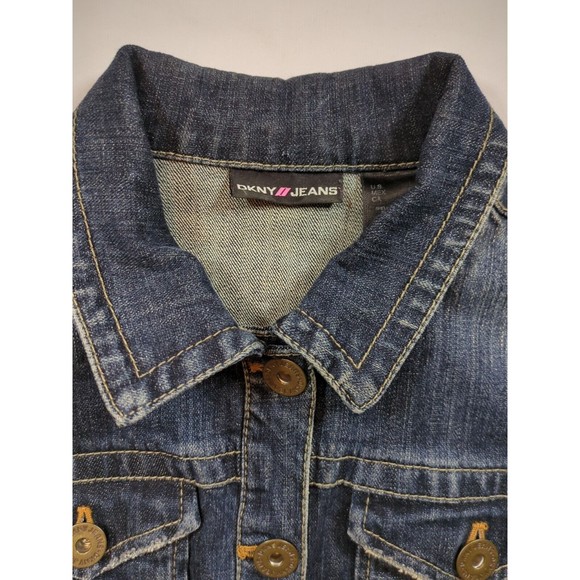 DKNY Juniors Jacket Blue Denim Collared Buttons Patches And Heart Logo Size L - Picture 2 of 16